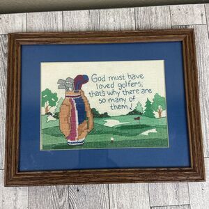 Cross Stitch Golf Themed Needlework Finished Matted & Framed 11x8.5 Mancave